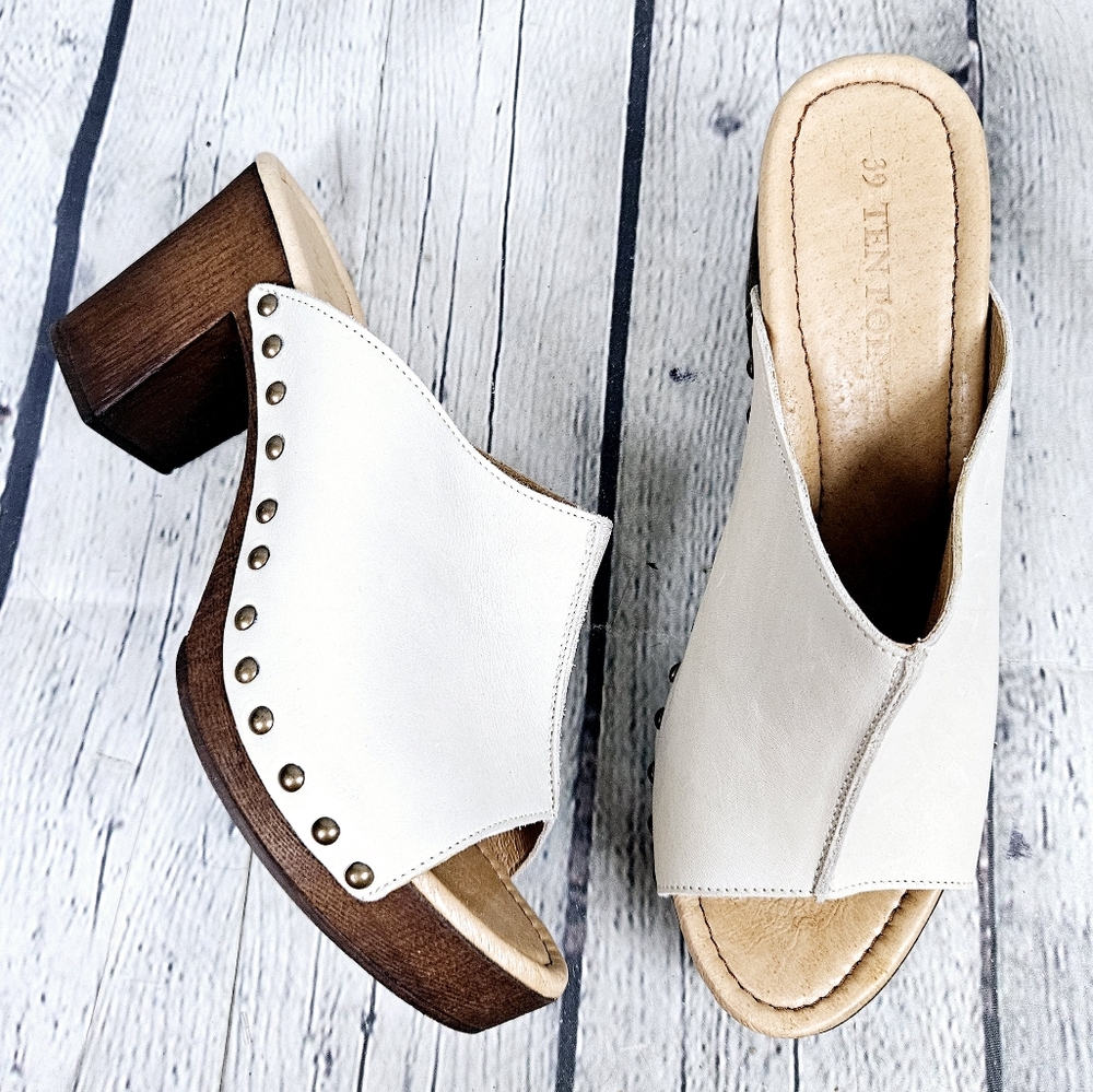 TEN POINTS | Eva leather peep toe heeled clog sandals